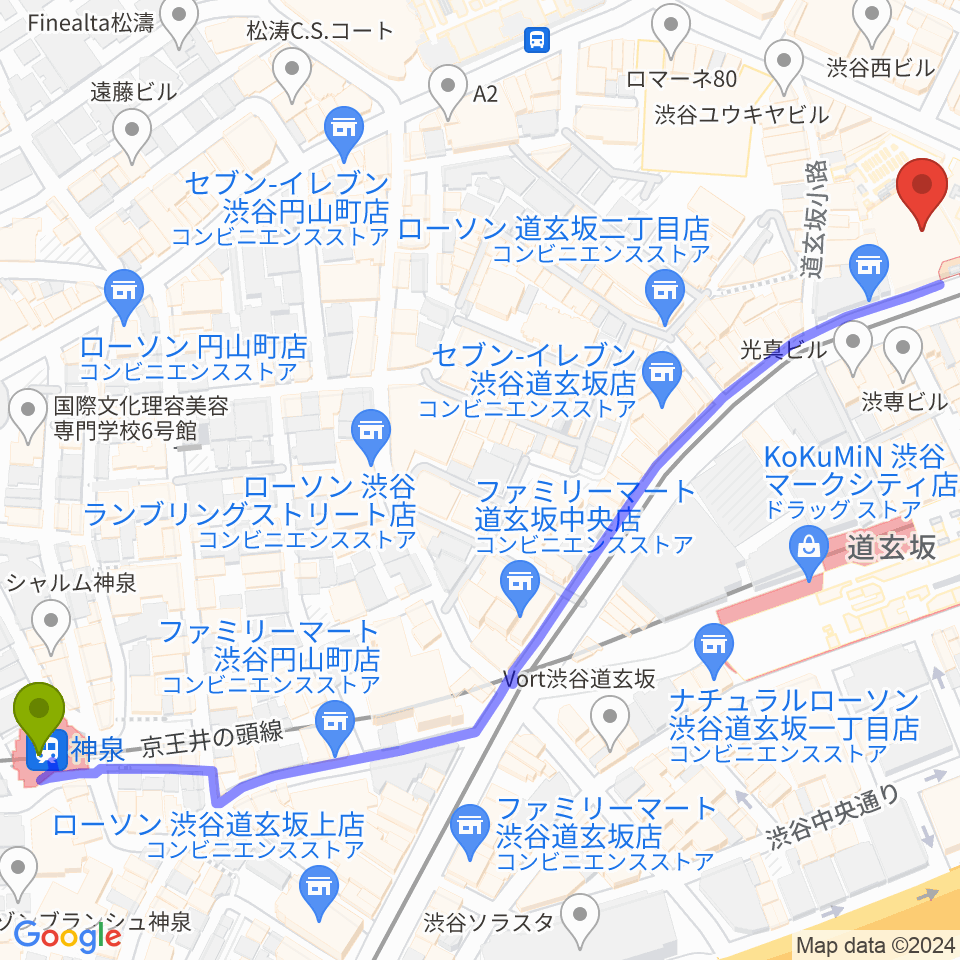 神泉駅からCBGKシブゲキ!!へのルートマップ地図