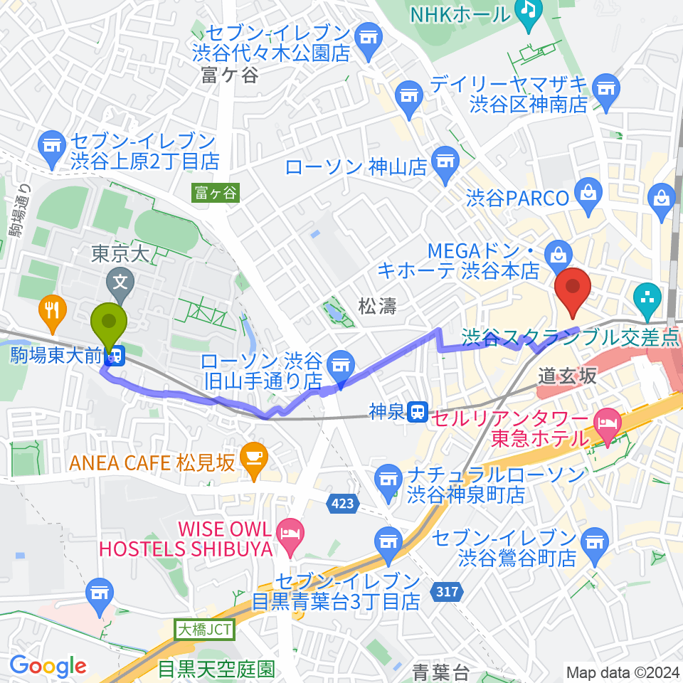 駒場東大前駅からCBGKシブゲキ!!へのルートマップ地図