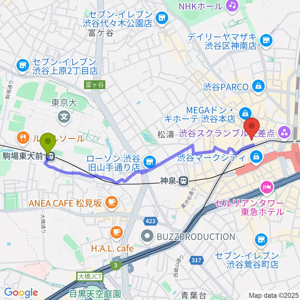 駒場東大前駅からCBGKシブゲキ!!へのルートマップ地図