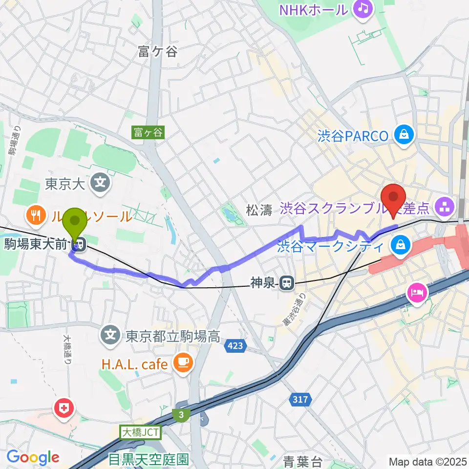 駒場東大前駅からCBGKシブゲキ!!へのルートマップ地図