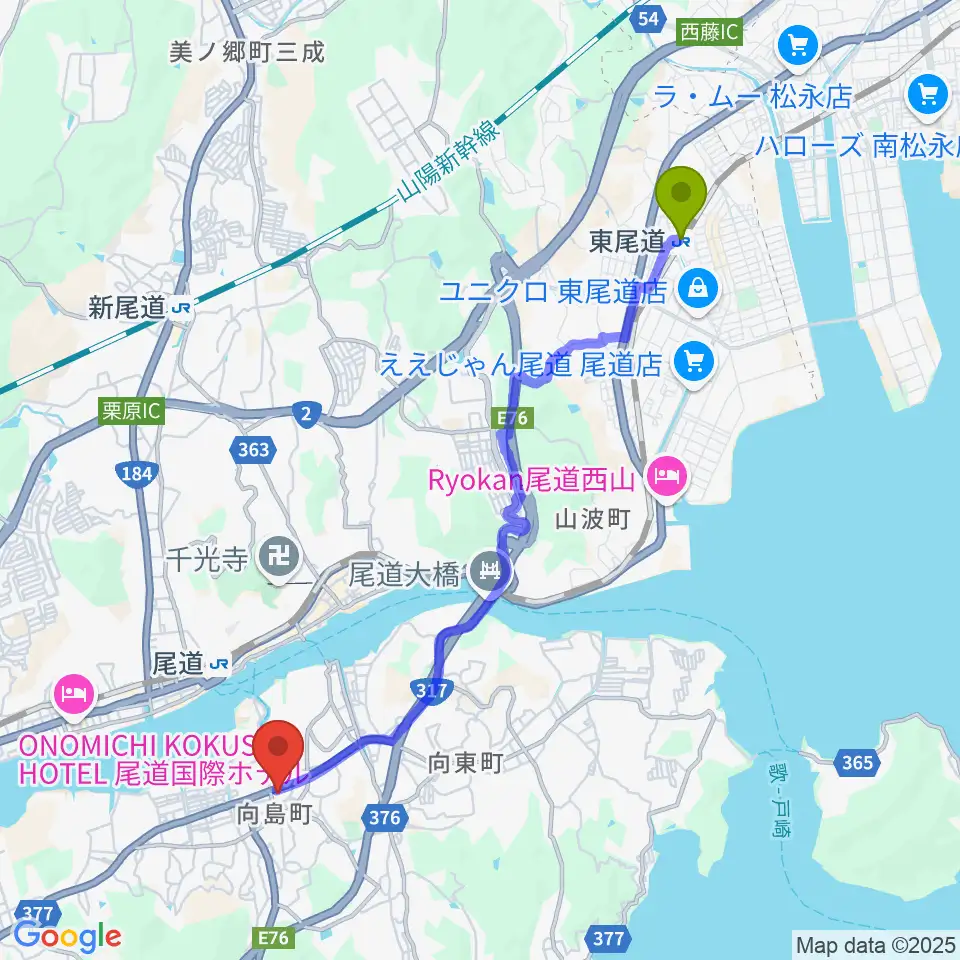 東尾道駅から尾道市民センターむかいしま文化ホールへのルートマップ地図