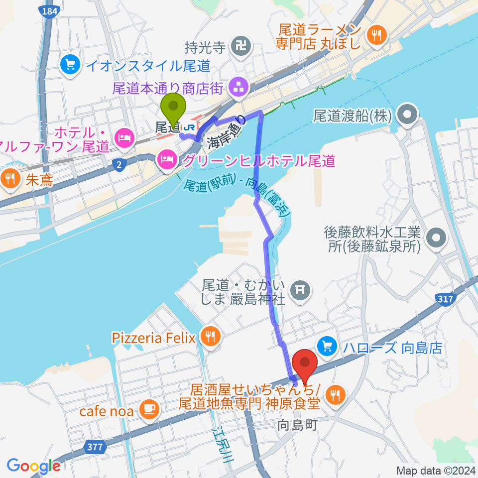 尾道市民センターむかいしま文化ホールの最寄駅尾道駅からの徒歩ルート（約19分）地図