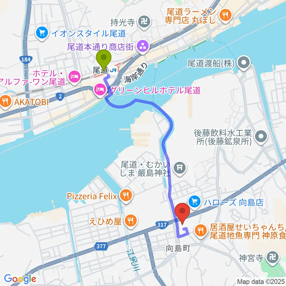 尾道市民センターむかいしま文化ホールの最寄駅尾道駅からの徒歩ルート（約19分）地図