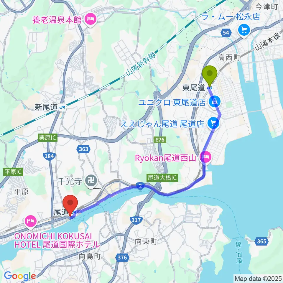 東尾道駅からしまなみ交流館テアトロシェルネへのルートマップ地図