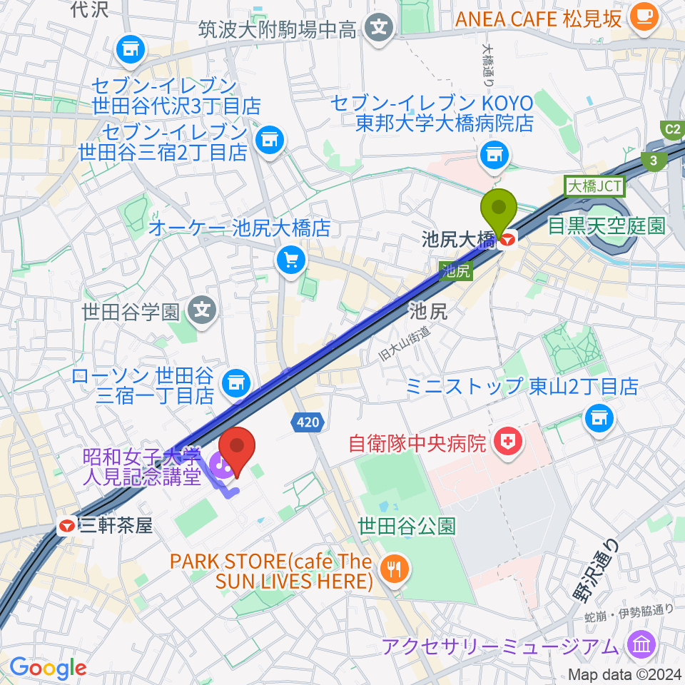 池尻大橋駅から昭和女子大学人見記念講堂へのルートマップ地図