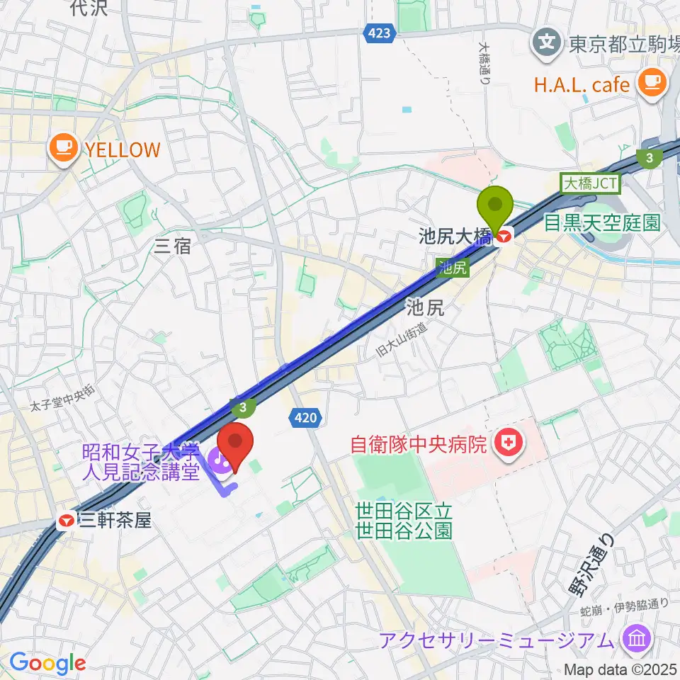 池尻大橋駅から昭和女子大学人見記念講堂へのルートマップ地図