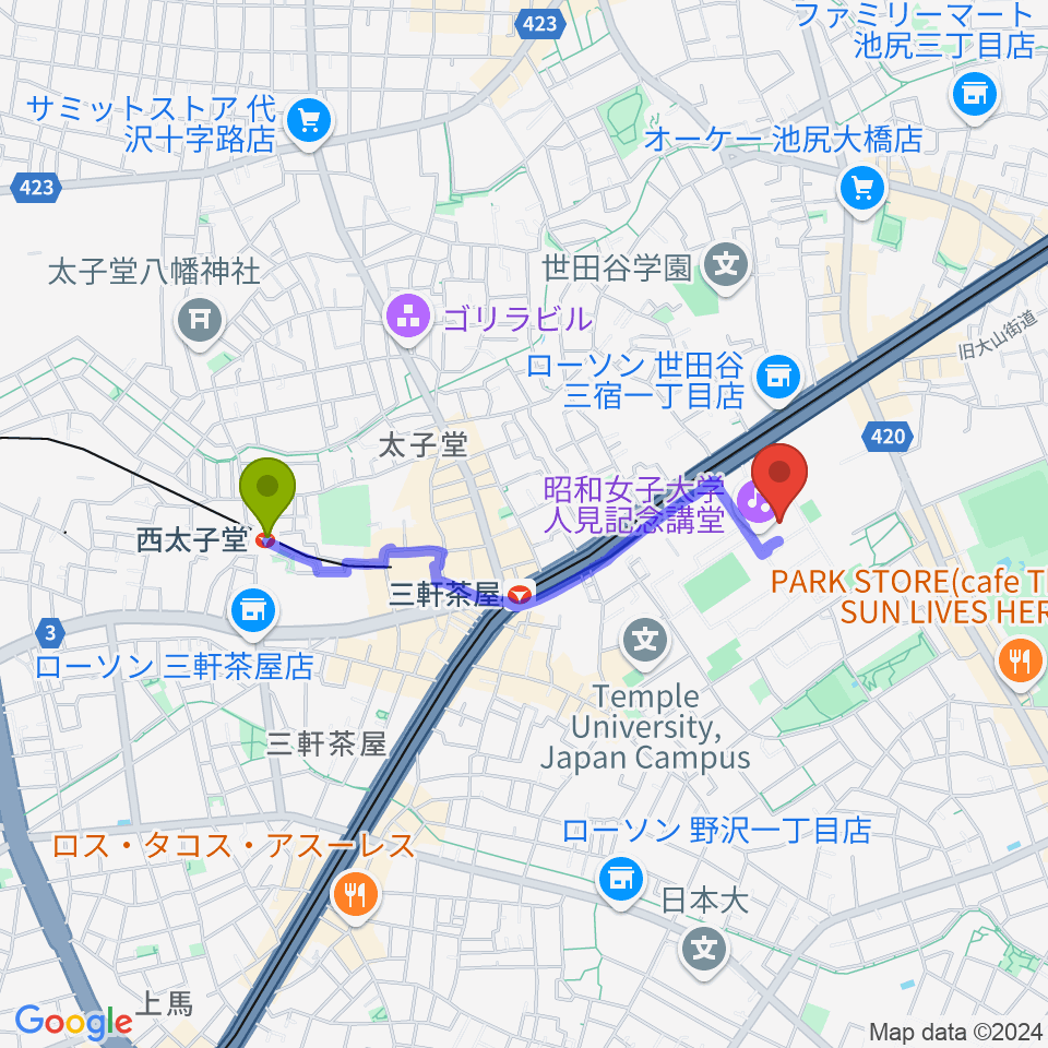 西太子堂駅から昭和女子大学人見記念講堂へのルートマップ地図