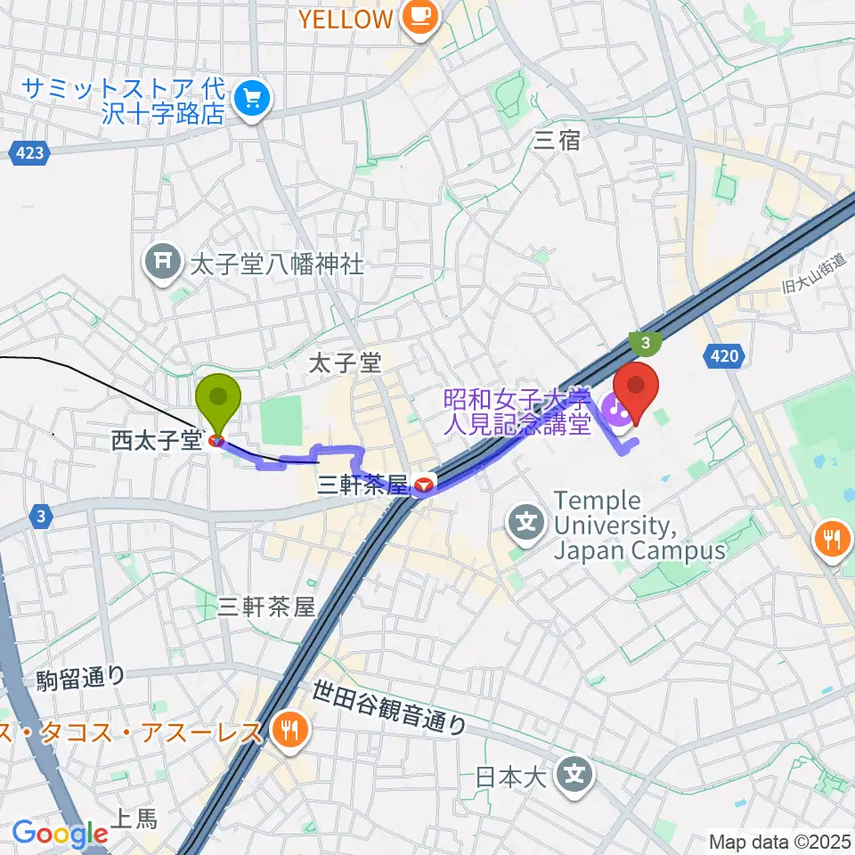 西太子堂駅から昭和女子大学人見記念講堂へのルートマップ地図