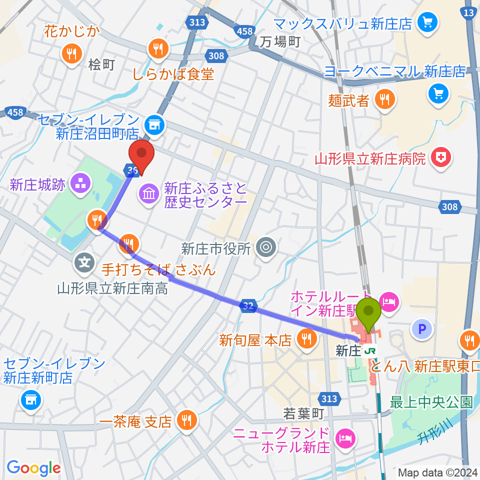 新庄市民文化会館の最寄駅新庄駅からの徒歩ルート（約17分）地図