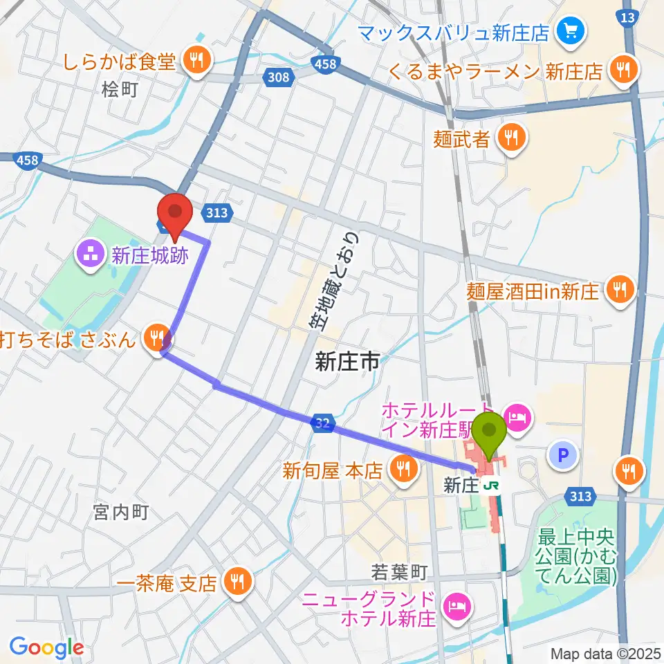 新庄市民文化会館の最寄駅新庄駅からの徒歩ルート（約17分）地図