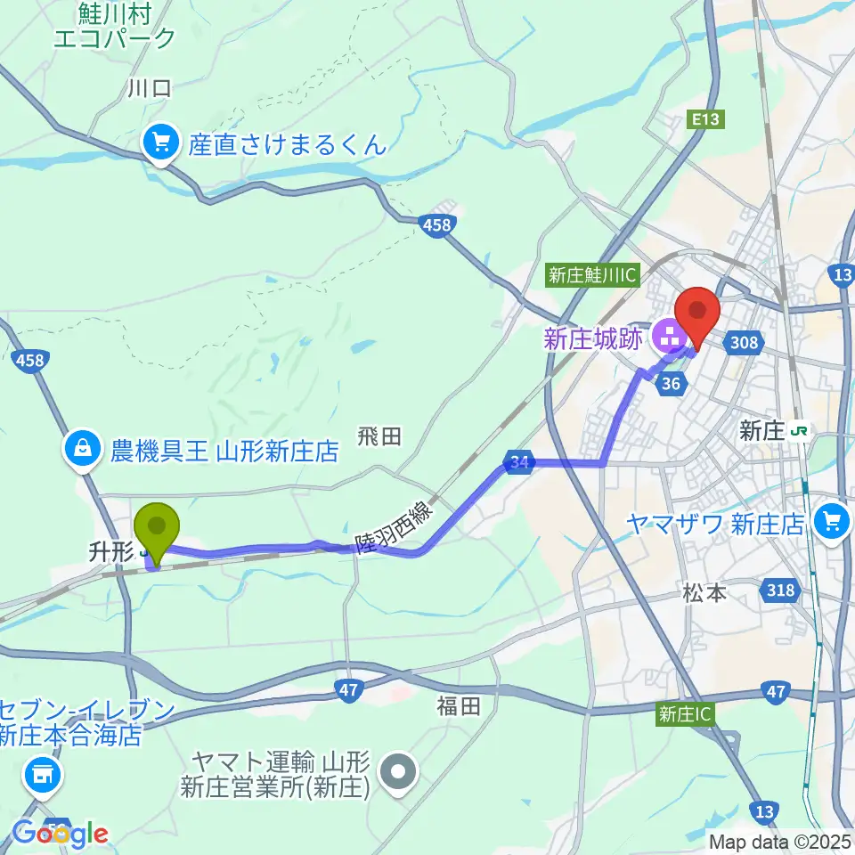 升形駅から新庄市民文化会館へのルートマップ地図