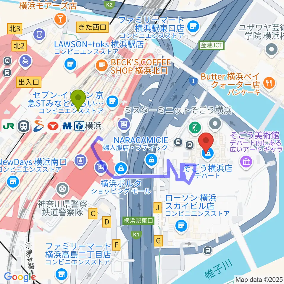 新都市ホールの最寄駅横浜駅からの徒歩ルート（約4分）地図