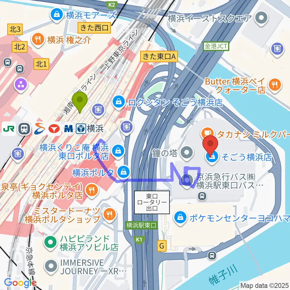 新都市ホールの最寄駅横浜駅からの徒歩ルート（約4分）地図