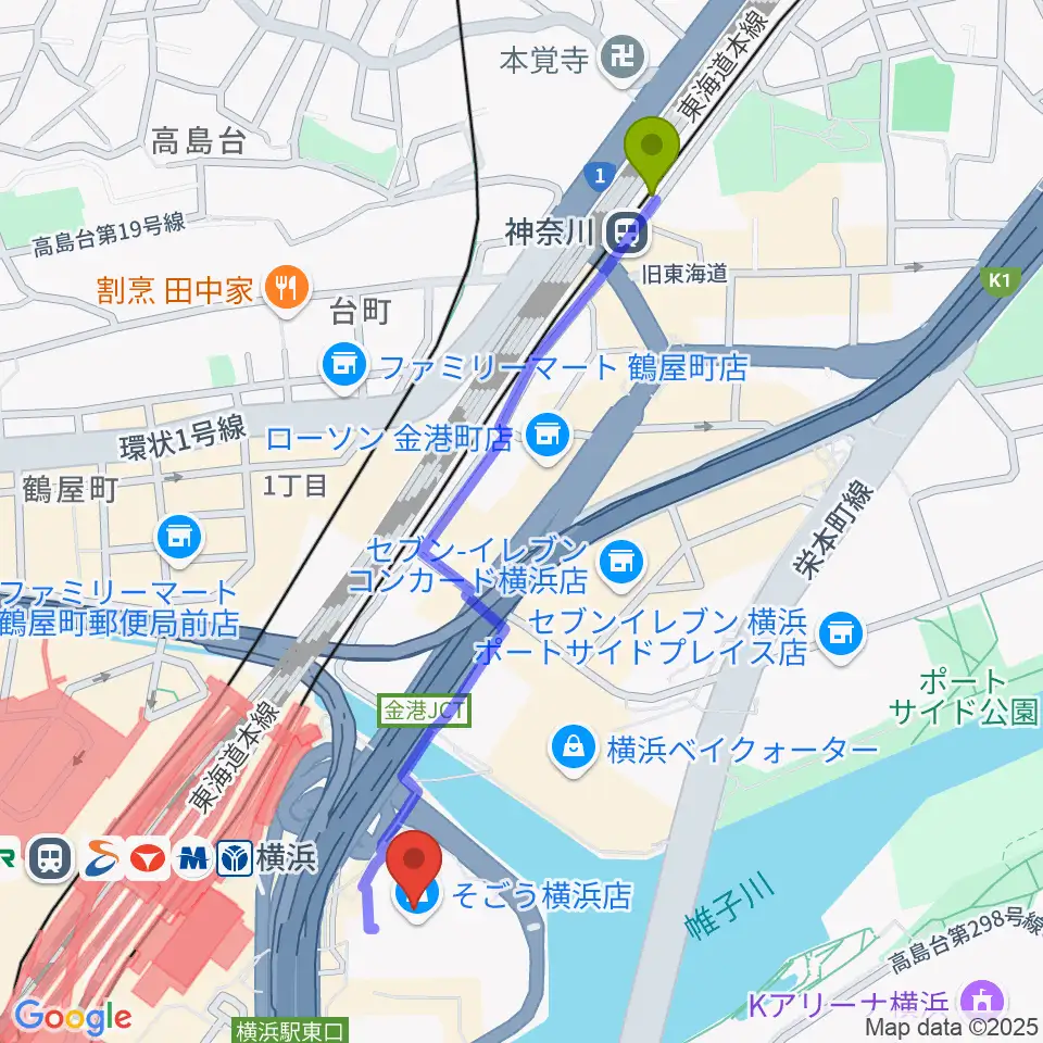 神奈川駅から新都市ホールへのルートマップ地図