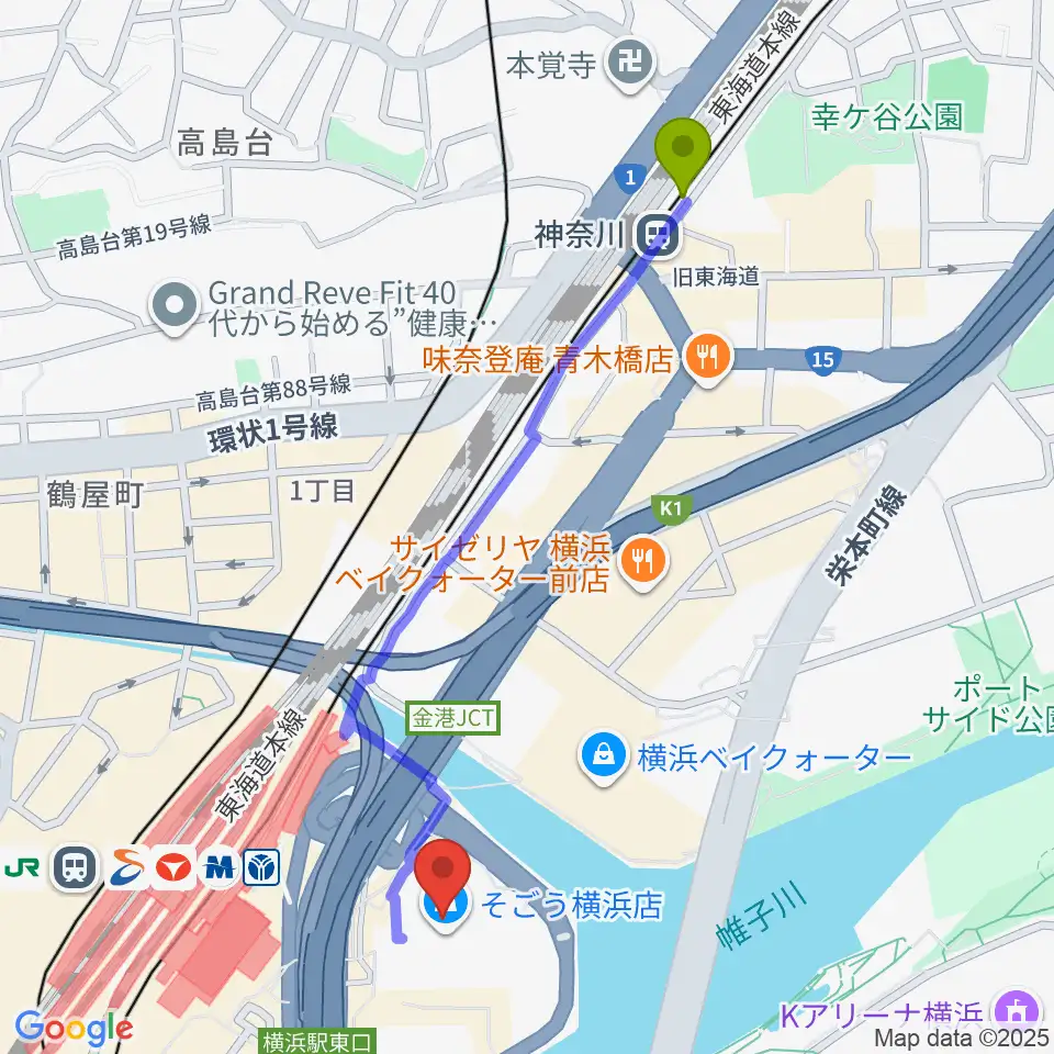 神奈川駅から新都市ホールへのルートマップ地図