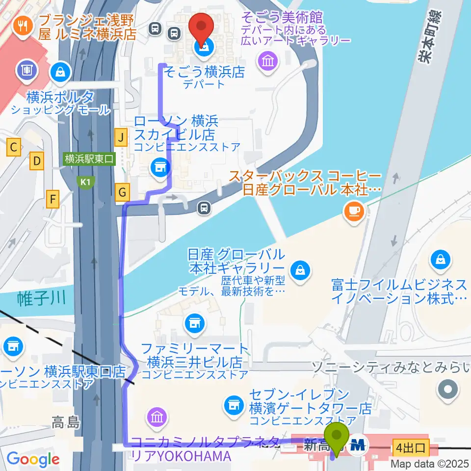 新高島駅から新都市ホールへのルートマップ地図