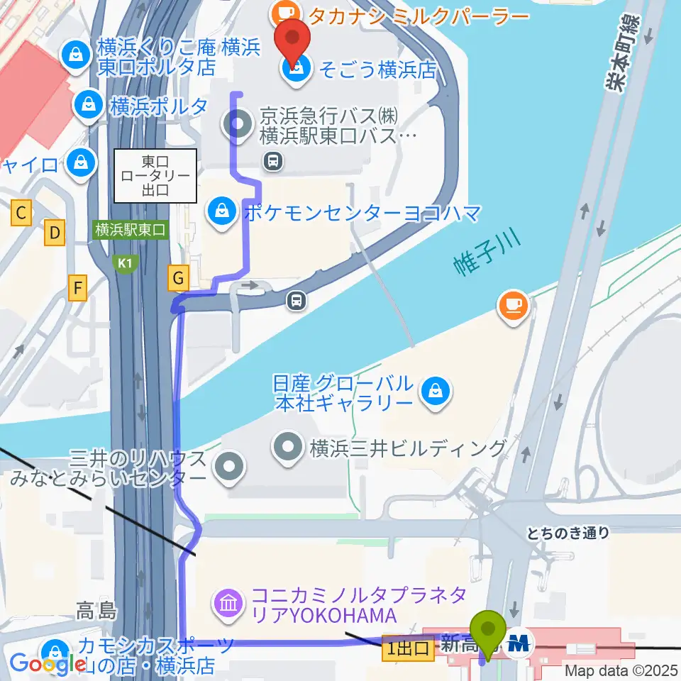 新高島駅から新都市ホールへのルートマップ地図