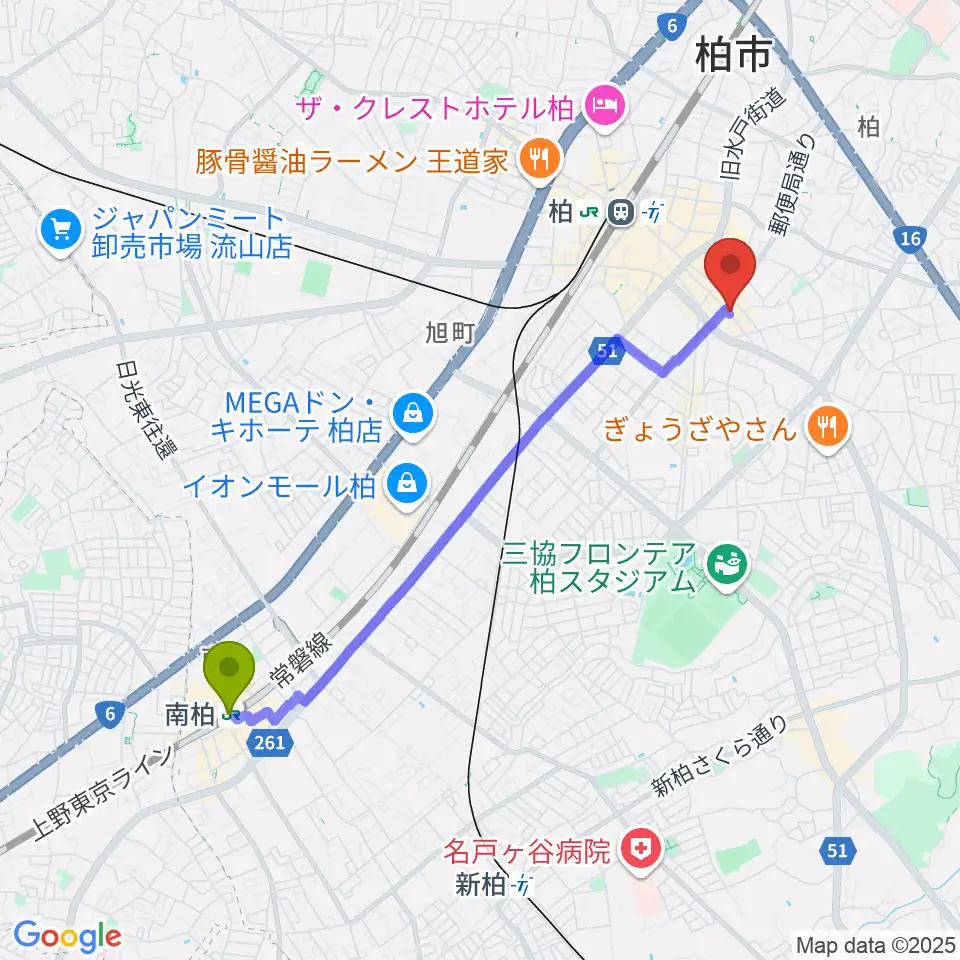 南柏駅からDOMe柏へのルートマップ地図