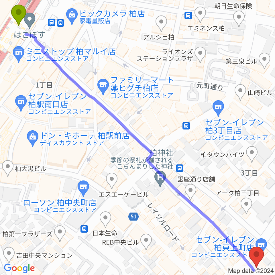 DOMe柏の最寄駅柏駅からの徒歩ルート（約10分）地図