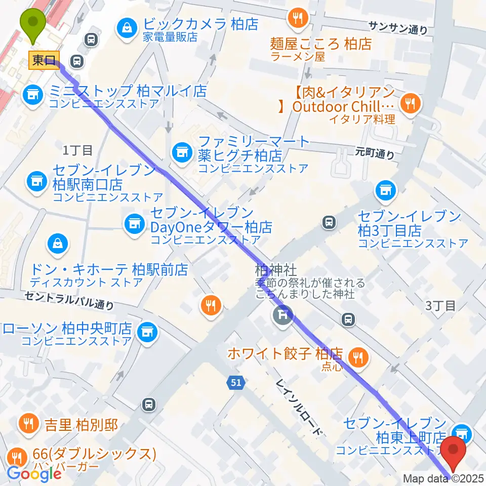 DOMe柏の最寄駅柏駅からの徒歩ルート（約10分）地図