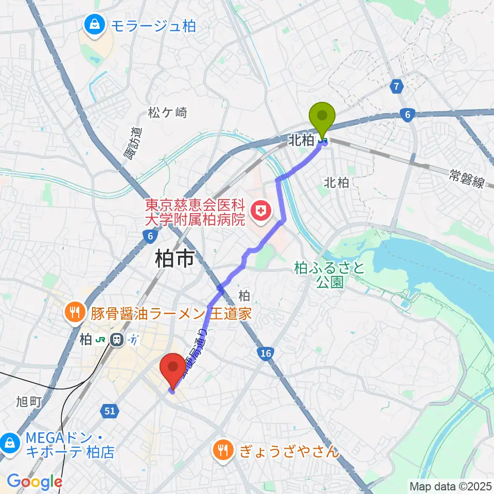 北柏駅からDOMe柏へのルートマップ地図