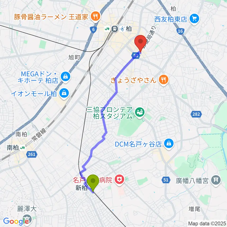 新柏駅からDOMe柏へのルートマップ地図