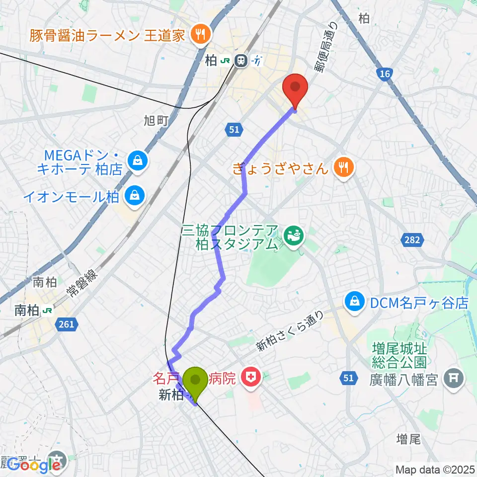 新柏駅からDOMe柏へのルートマップ地図