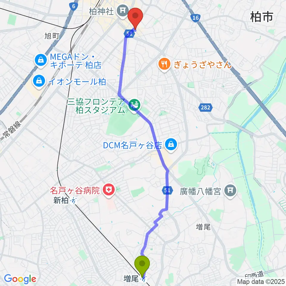 増尾駅からDOMe柏へのルートマップ地図