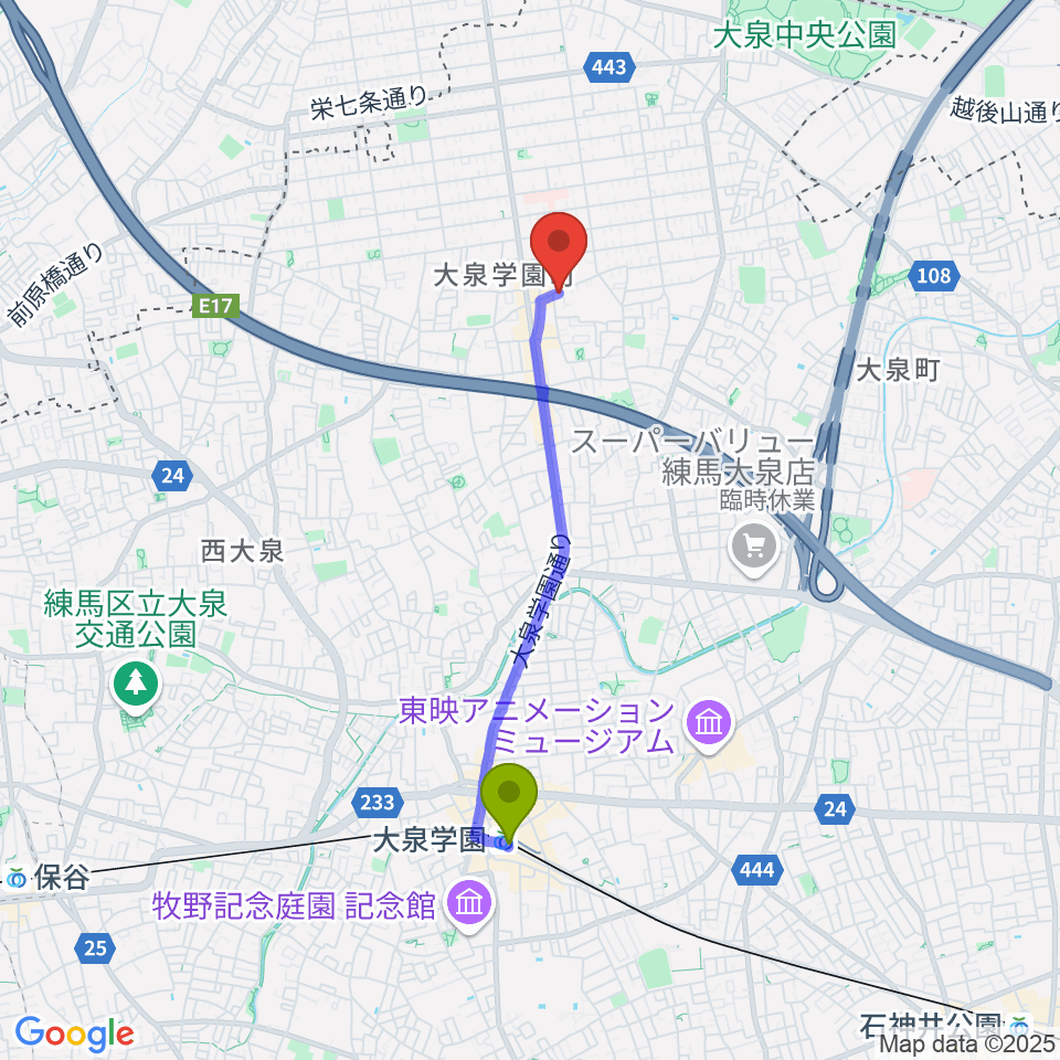 やまや音楽教室の最寄駅大泉学園駅からの徒歩ルート（約32分）地図