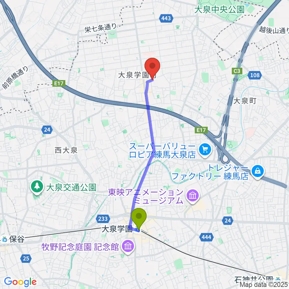やまや音楽教室の最寄駅大泉学園駅からの徒歩ルート（約32分）地図