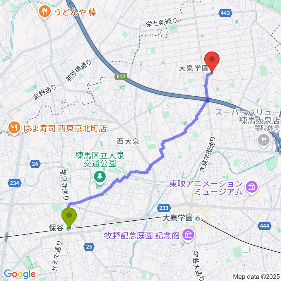 保谷駅からやまや音楽教室へのルートマップ地図