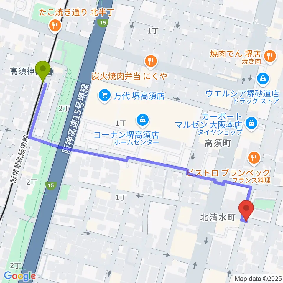 高須神社駅からJwaGuitar音楽教室へのルートマップ地図