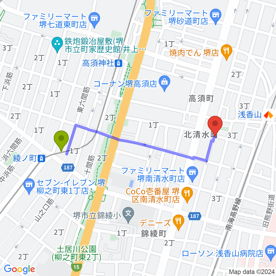 綾ノ町駅からJwaGuitar音楽教室へのルートマップ地図