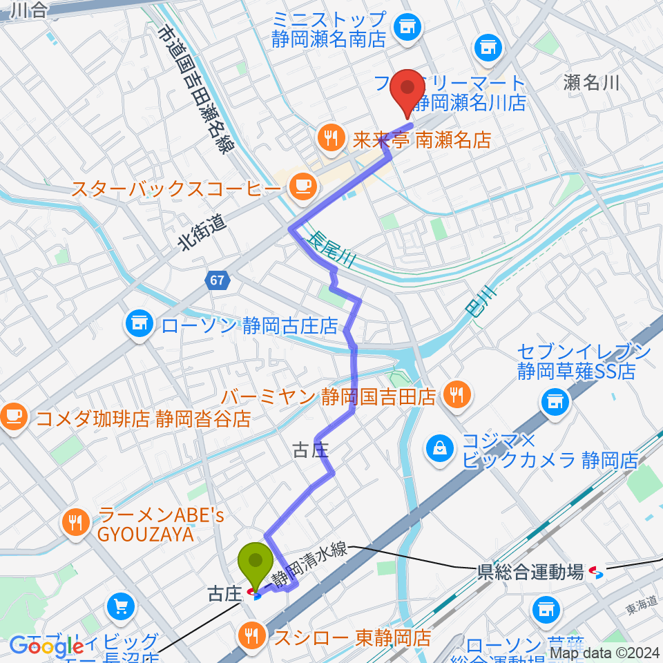 古庄駅からすみやグッディおとサロン瀬名へのルートマップ地図