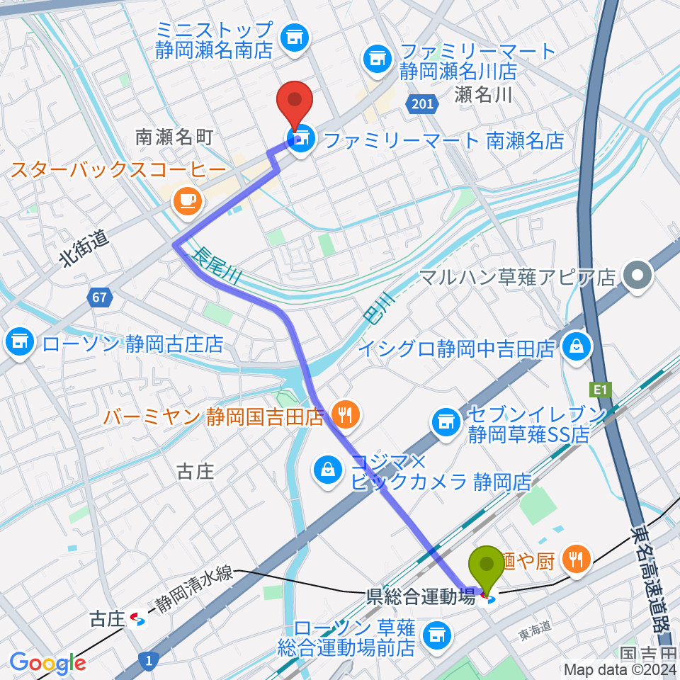 すみやグッディおとサロン瀬名の最寄駅県総合運動場駅からの徒歩ルート（約23分）地図