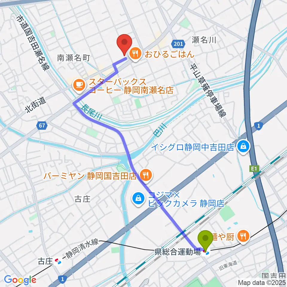 すみやグッディおとサロン瀬名の最寄駅県総合運動場駅からの徒歩ルート（約23分）地図