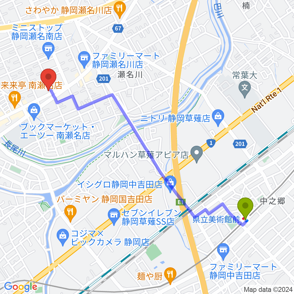 県立美術館前駅からすみやグッディおとサロン瀬名へのルートマップ地図