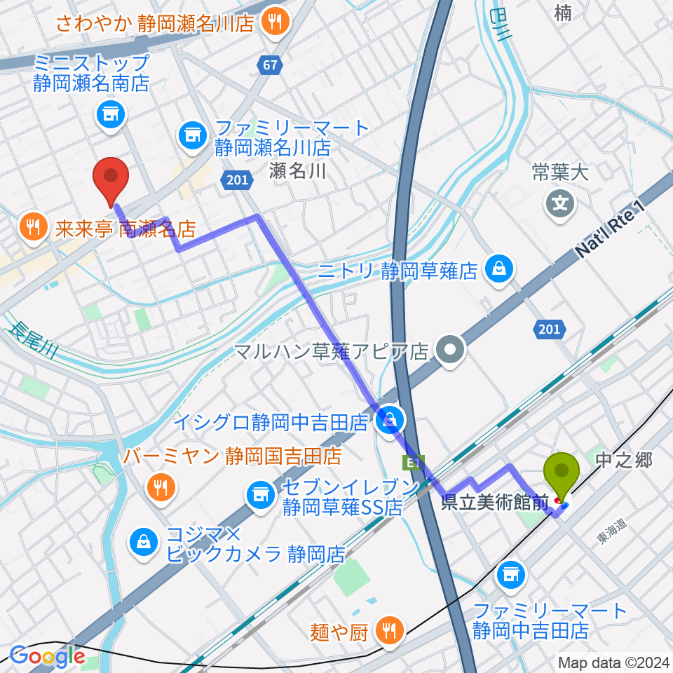 県立美術館前駅からすみやグッディおとサロン瀬名へのルートマップ地図