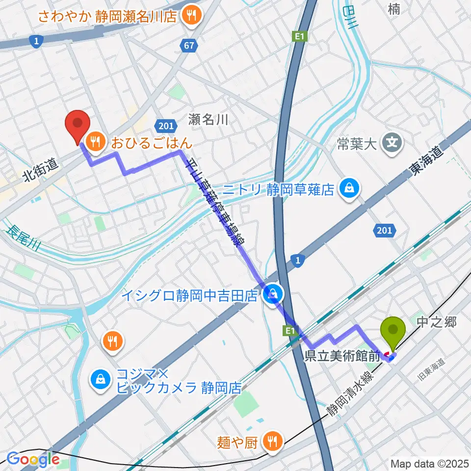 県立美術館前駅からすみやグッディおとサロン瀬名へのルートマップ地図