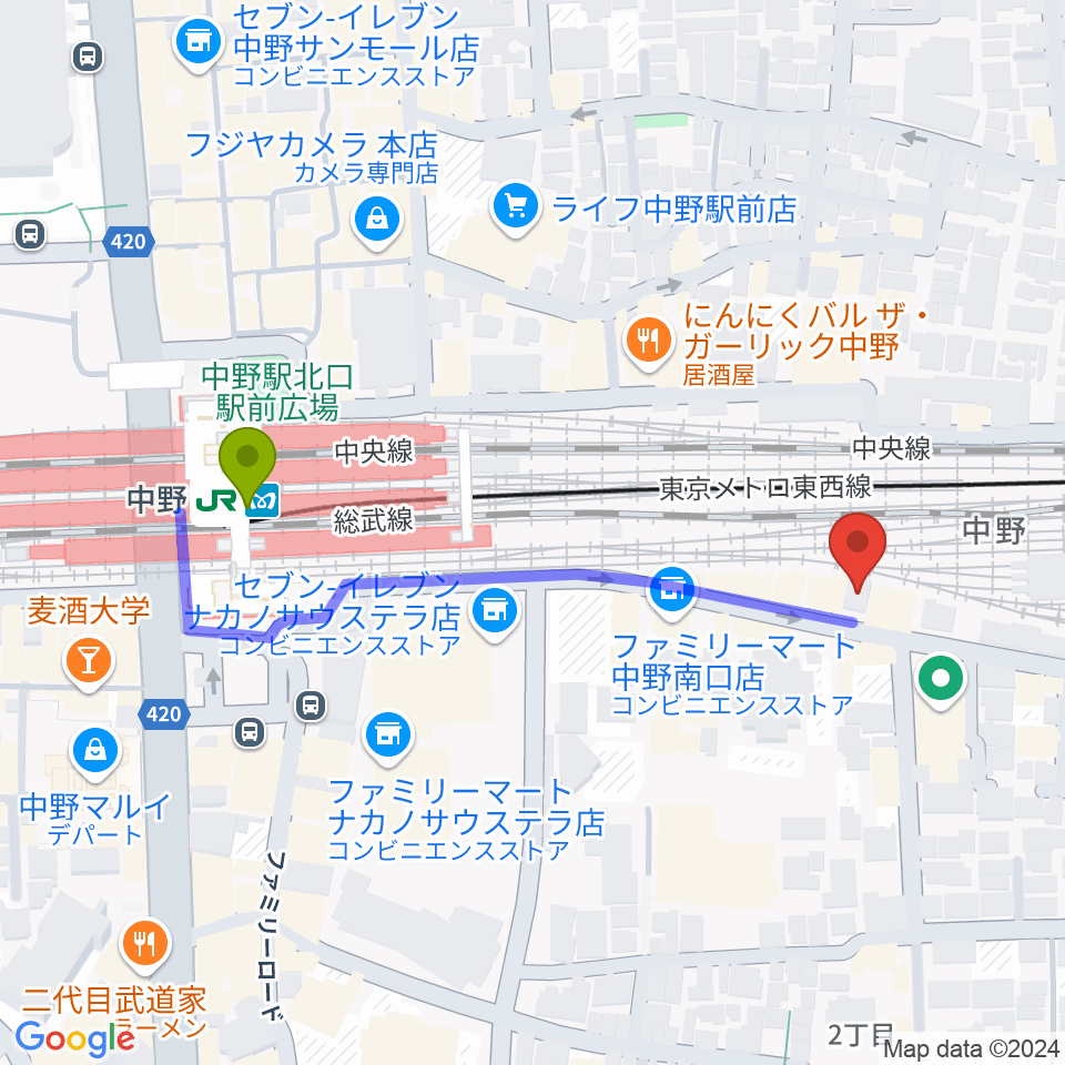 中野あくとれの最寄駅中野駅からの徒歩ルート（約4分）地図