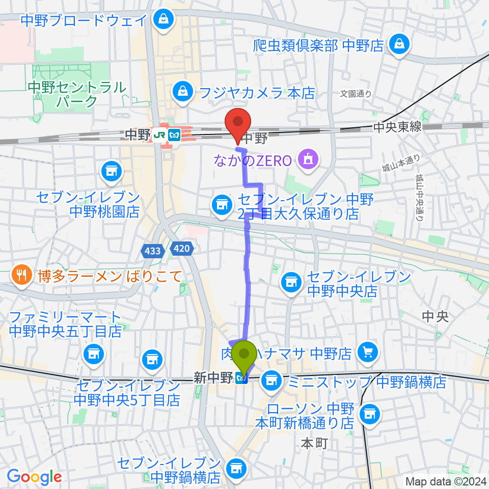 新中野駅から中野あくとれへのルートマップ地図