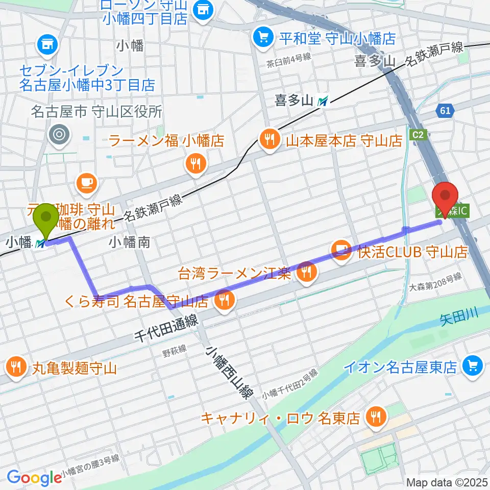 小幡駅からスタジオ異空間へのルートマップ地図