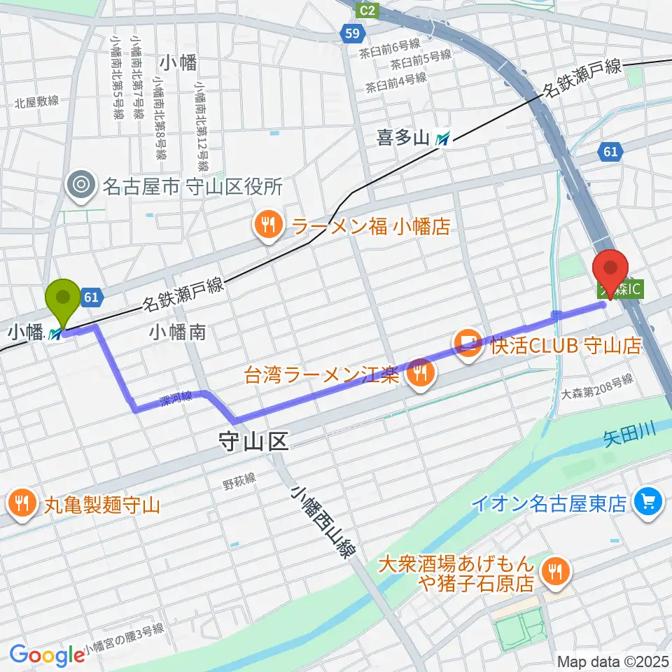 小幡駅からスタジオ異空間へのルートマップ地図