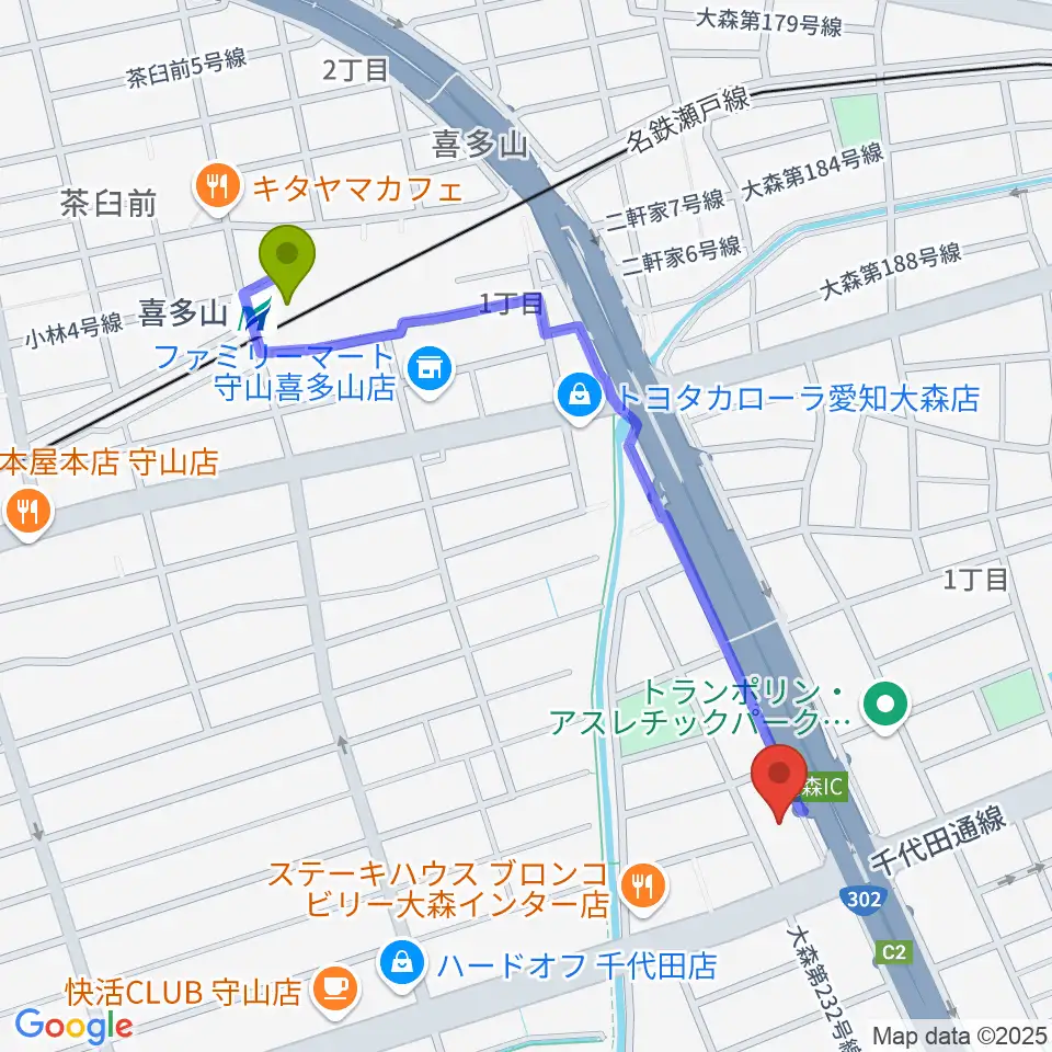 スタジオ異空間の最寄駅喜多山駅からの徒歩ルート（約11分）地図