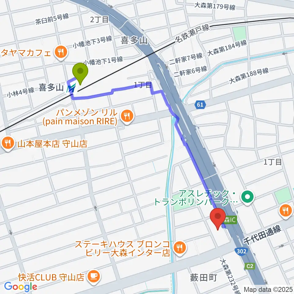スタジオ異空間の最寄駅喜多山駅からの徒歩ルート（約11分）地図