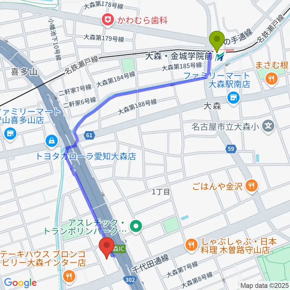 大森・金城学院前駅からスタジオ異空間へのルートマップ地図