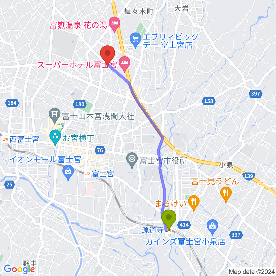 源道寺駅からタンザワ楽器 富士宮音楽館へのルートマップ地図