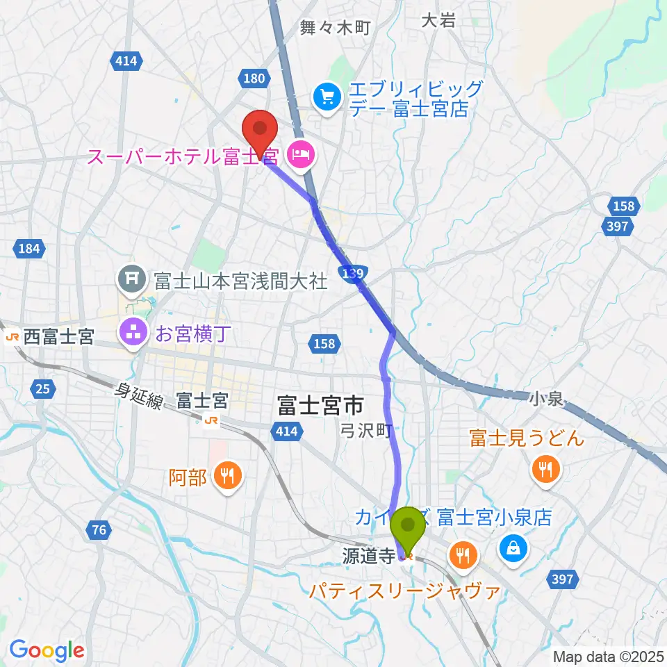 源道寺駅からタンザワ楽器 富士宮音楽館へのルートマップ地図