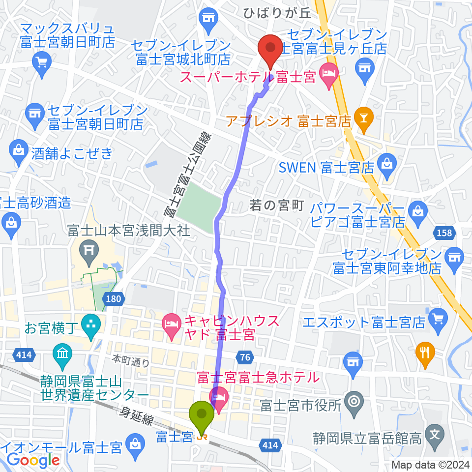 タンザワ楽器 富士宮音楽館の最寄駅富士宮駅からの徒歩ルート（約25分）地図