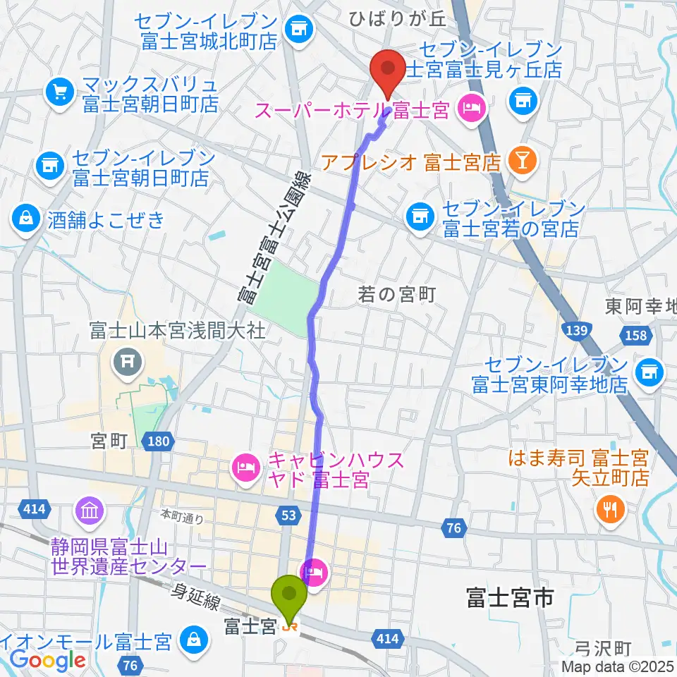 タンザワ楽器 富士宮音楽館の最寄駅富士宮駅からの徒歩ルート（約25分）地図